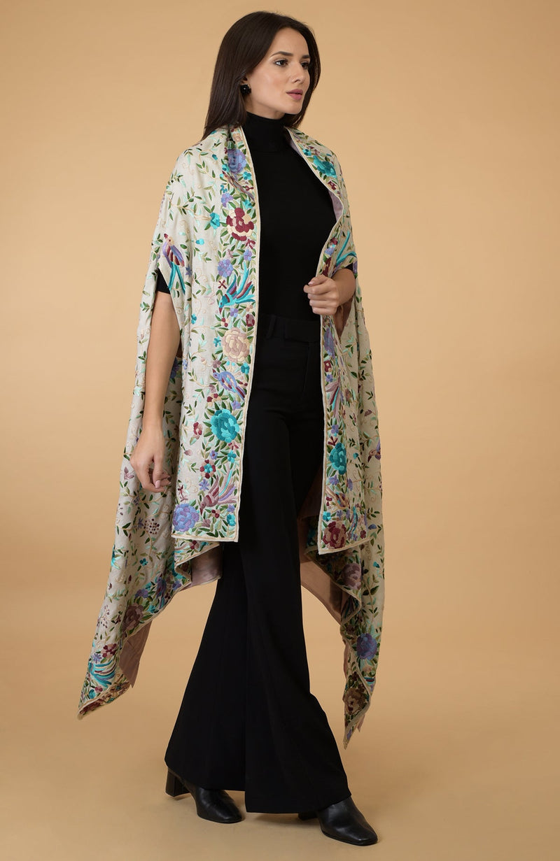 Ivory Parsi Gara Pure Pashmina Shawl Cape