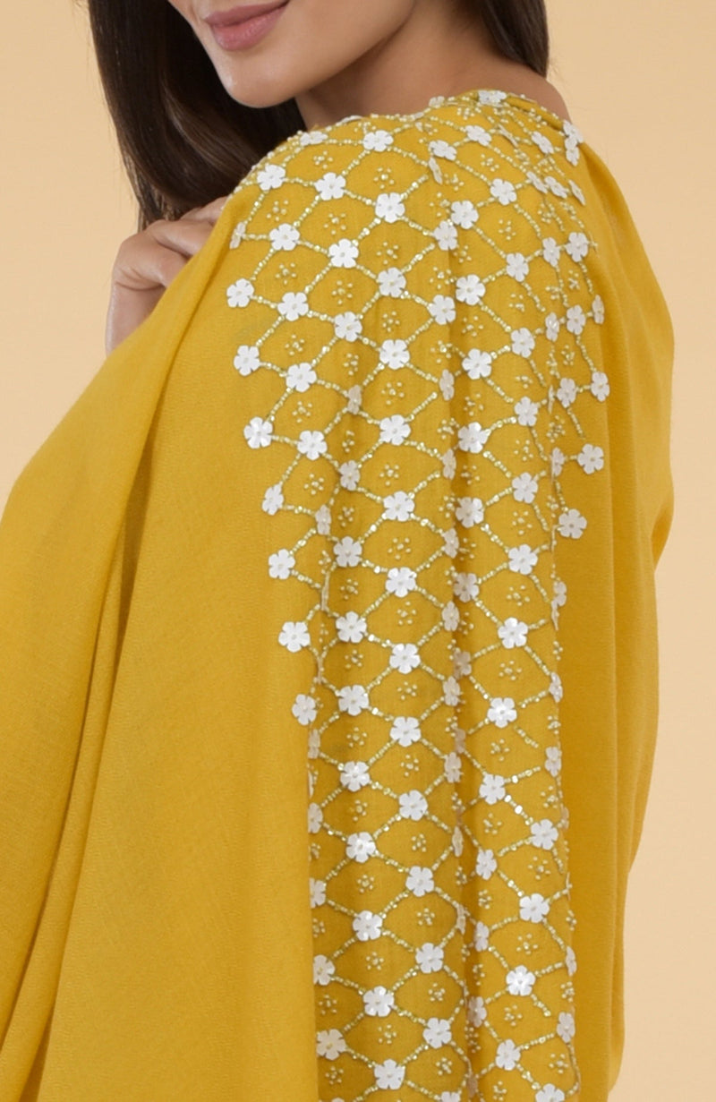 Yellow 3D Floral & Beads Hand Embroidered Pure Cashmere Stole