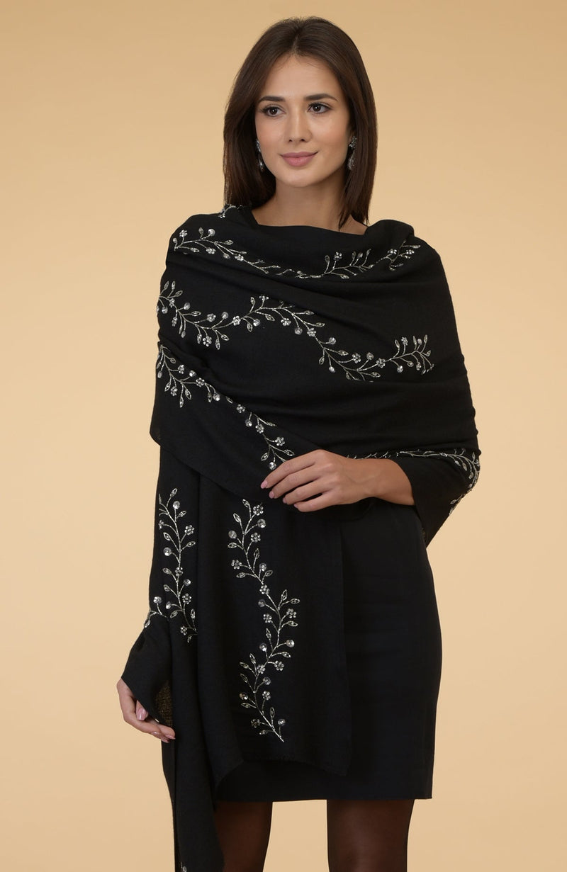 Black Beads & Sequin Hand Embroidered Pure Cashmere Stole