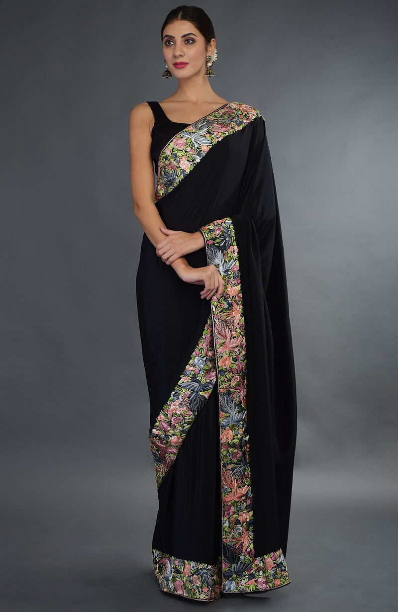 Black Parsi Gara Hand Embroidered Saree