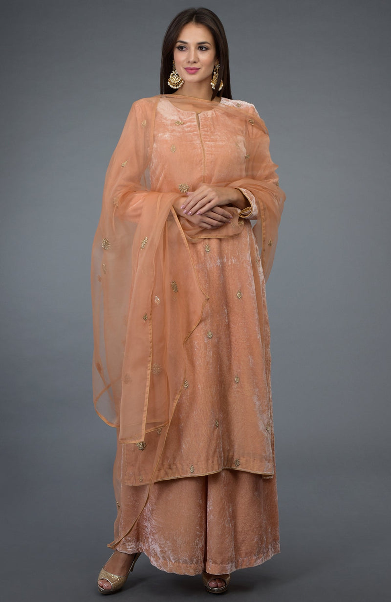 Peach Rose Zardozi Hand Embroidered Silk Velvet Suit