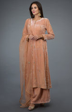 Peach Rose Zardozi Hand Embroidered Silk Velvet Suit