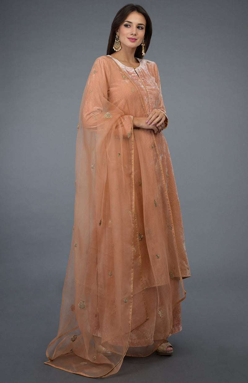 Peach Rose Zardozi Hand Embroidered Silk Velvet Suit