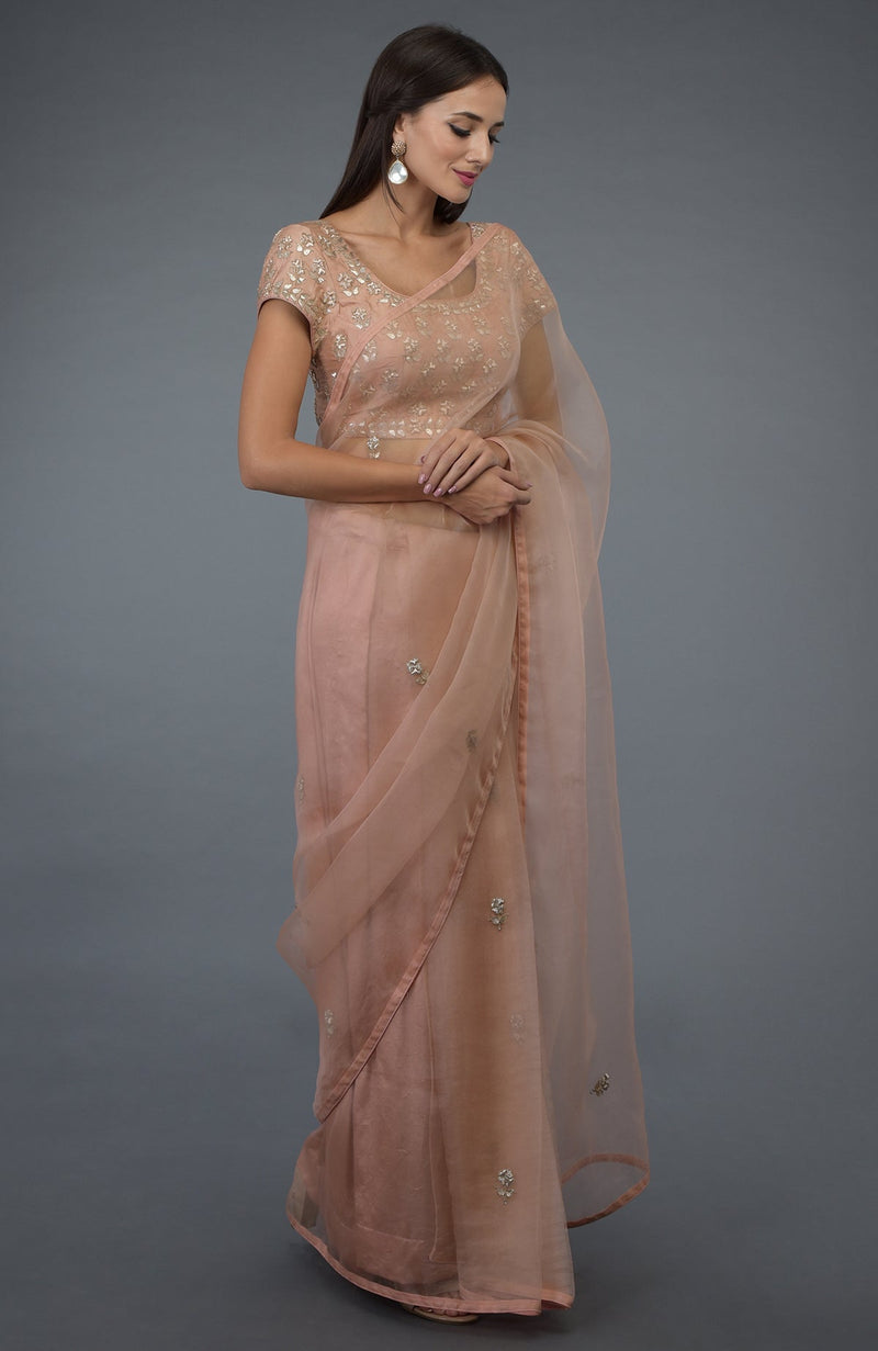 Pressed Rose Zardozi Gota Patti Embroidered Saree & Blouse