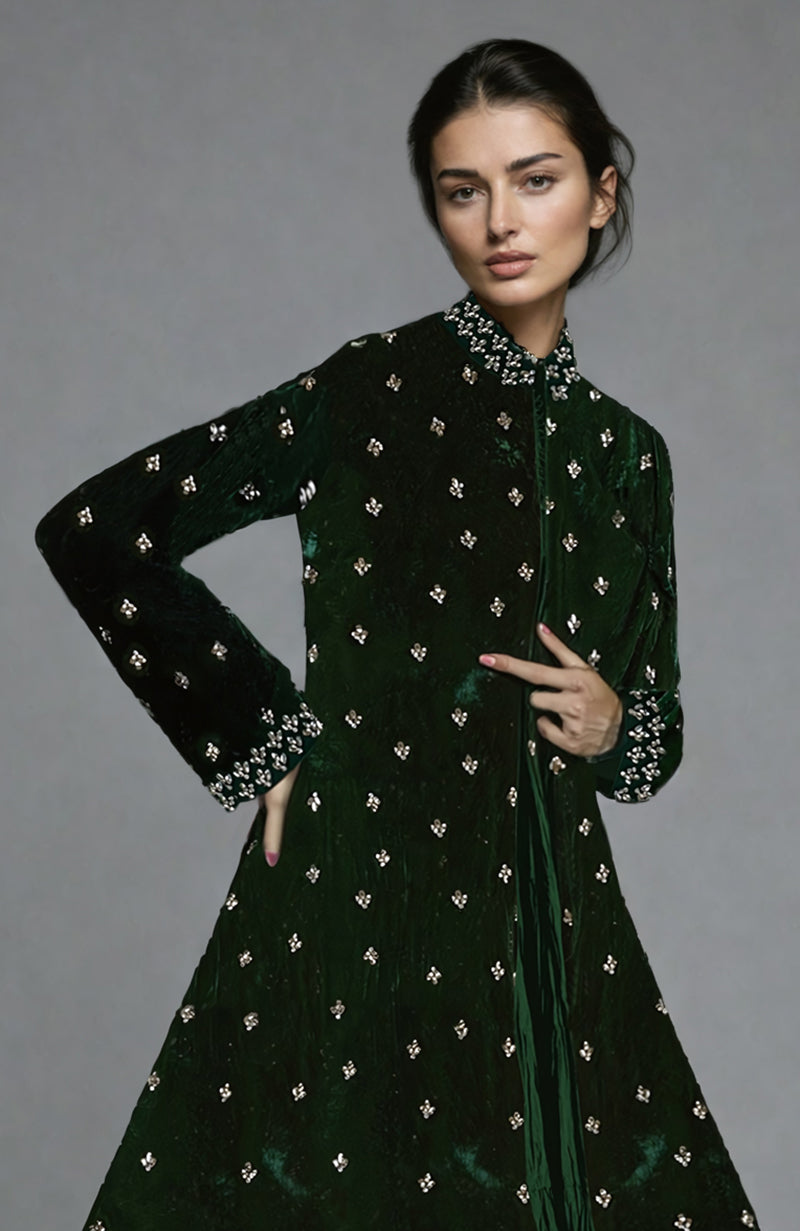 Noor Emerald Green Swarovksi Crystal Embroidered Silk-Velvet Jacket Set