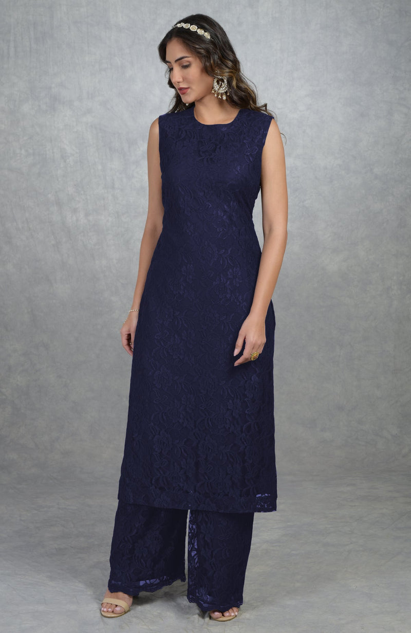 Black Fine Lace Tunic Kurta with Wide Leg Pants