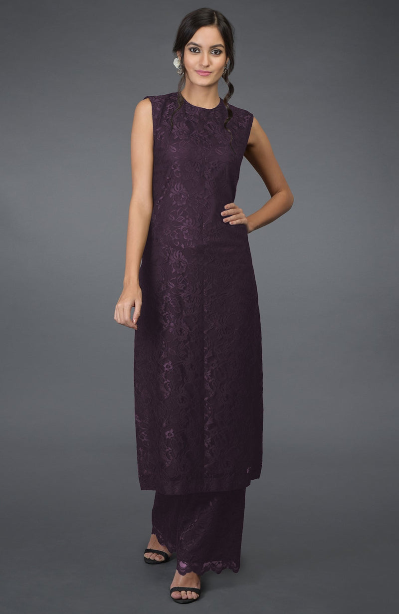 Black Fine Lace Tunic Kurta with Wide Leg Pants