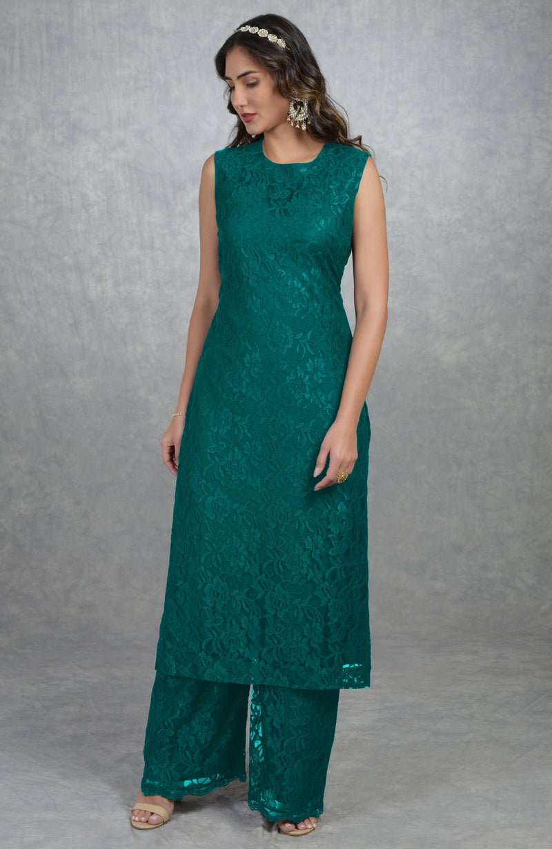 Black Fine Lace Tunic Kurta with Wide Leg Pants