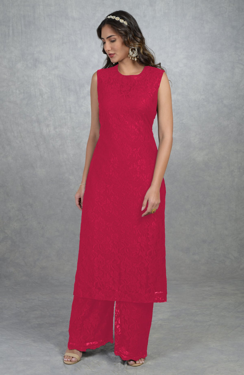 Black Fine Lace Tunic Kurta with Wide Leg Pants
