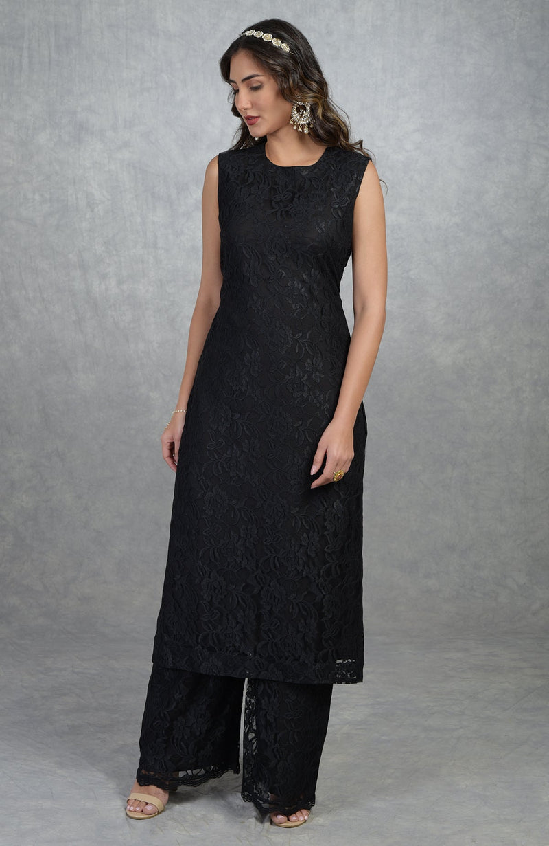 Black Fine Lace Tunic Kurta with Wide Leg Pants
