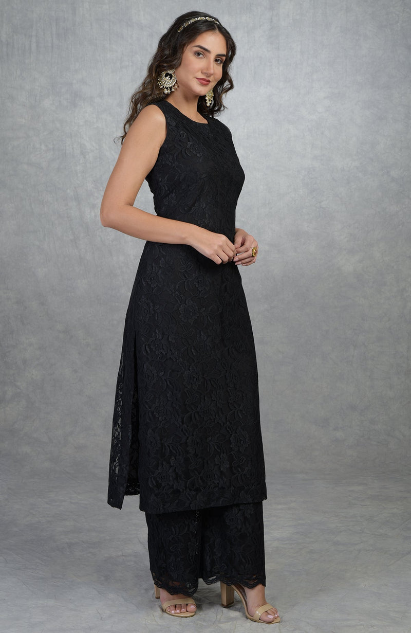 Black Fine Lace Tunic Kurta with Wide Leg Pants
