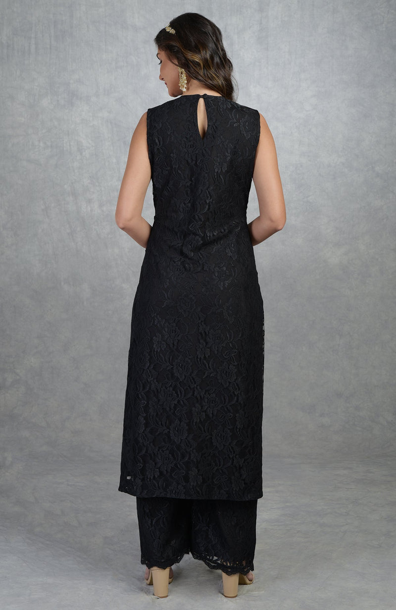 Black Fine Lace Tunic Kurta with Wide Leg Pants