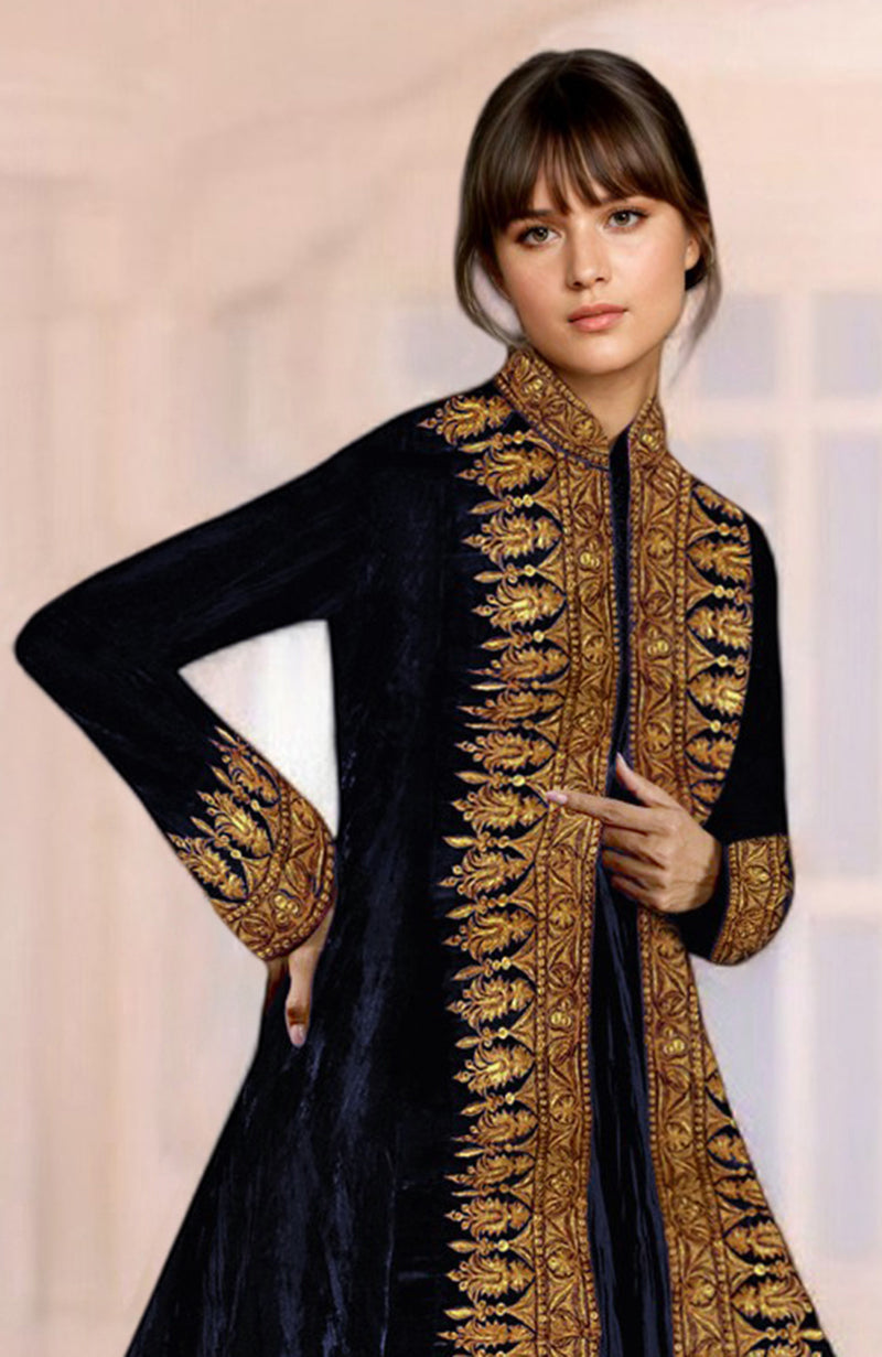 Noor Midnight Blue Kashmiri Tilla  Embroidred Silk Velvet Jacket Set