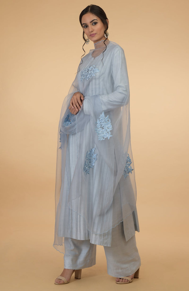 Powder Blue Floral Embroidered Dupatta