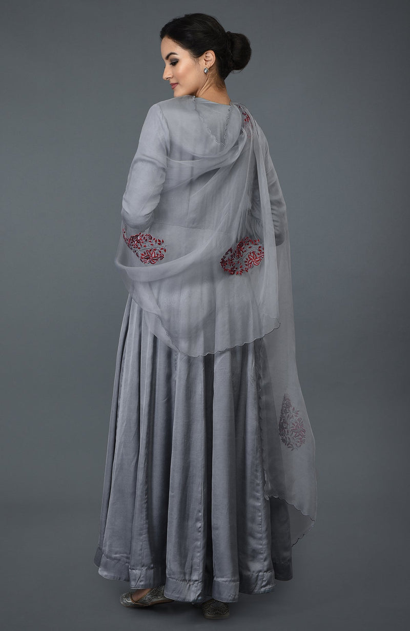 Grey Paisley Embroidered Anarkali Suit with Dupatta