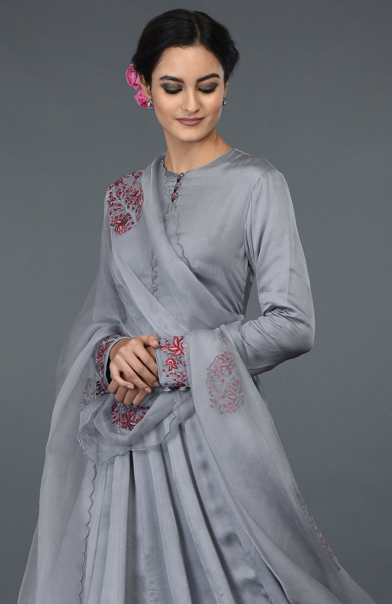 Grey Paisley Embroidered Anarkali Suit with Dupatta