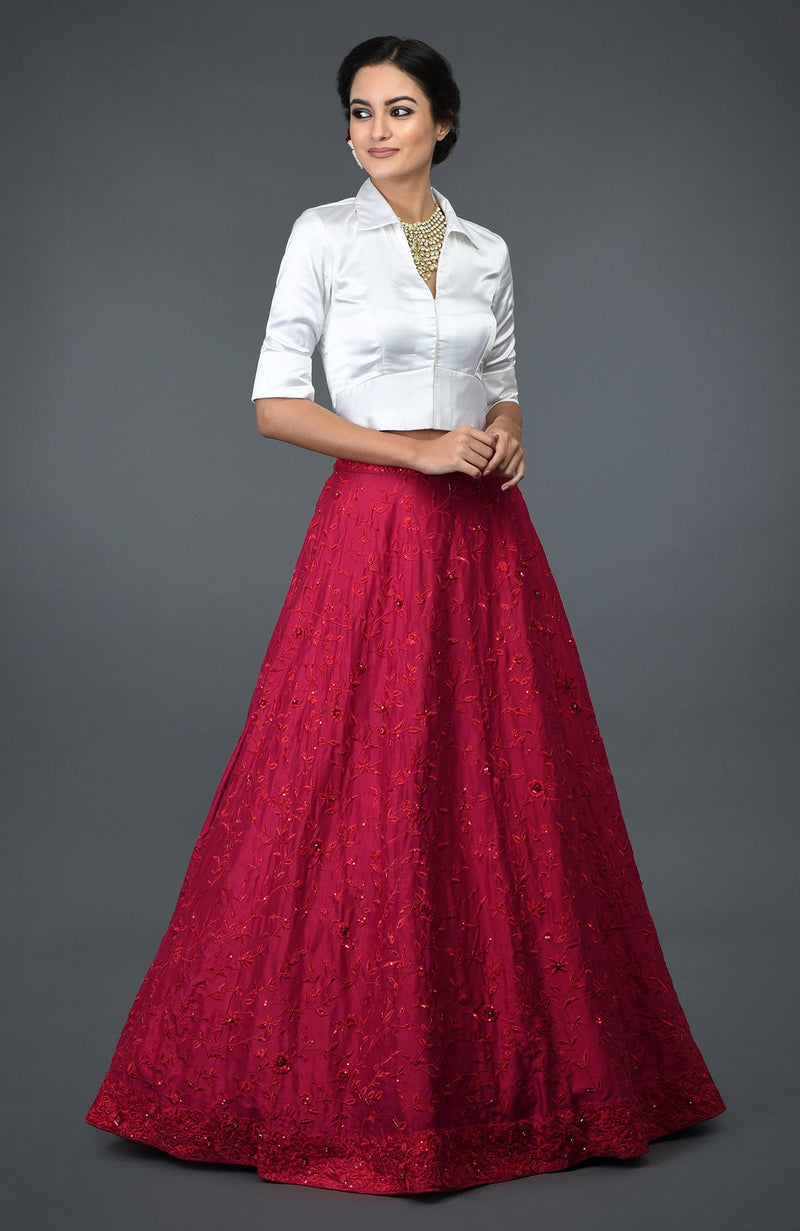 Red Floral Sequin & Beads Hand Embroidered Skirt With Blouse