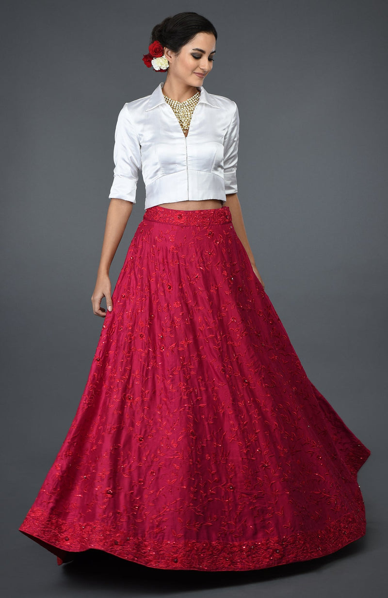 Red Floral Sequin & Beads Hand Embroidered Skirt With Blouse