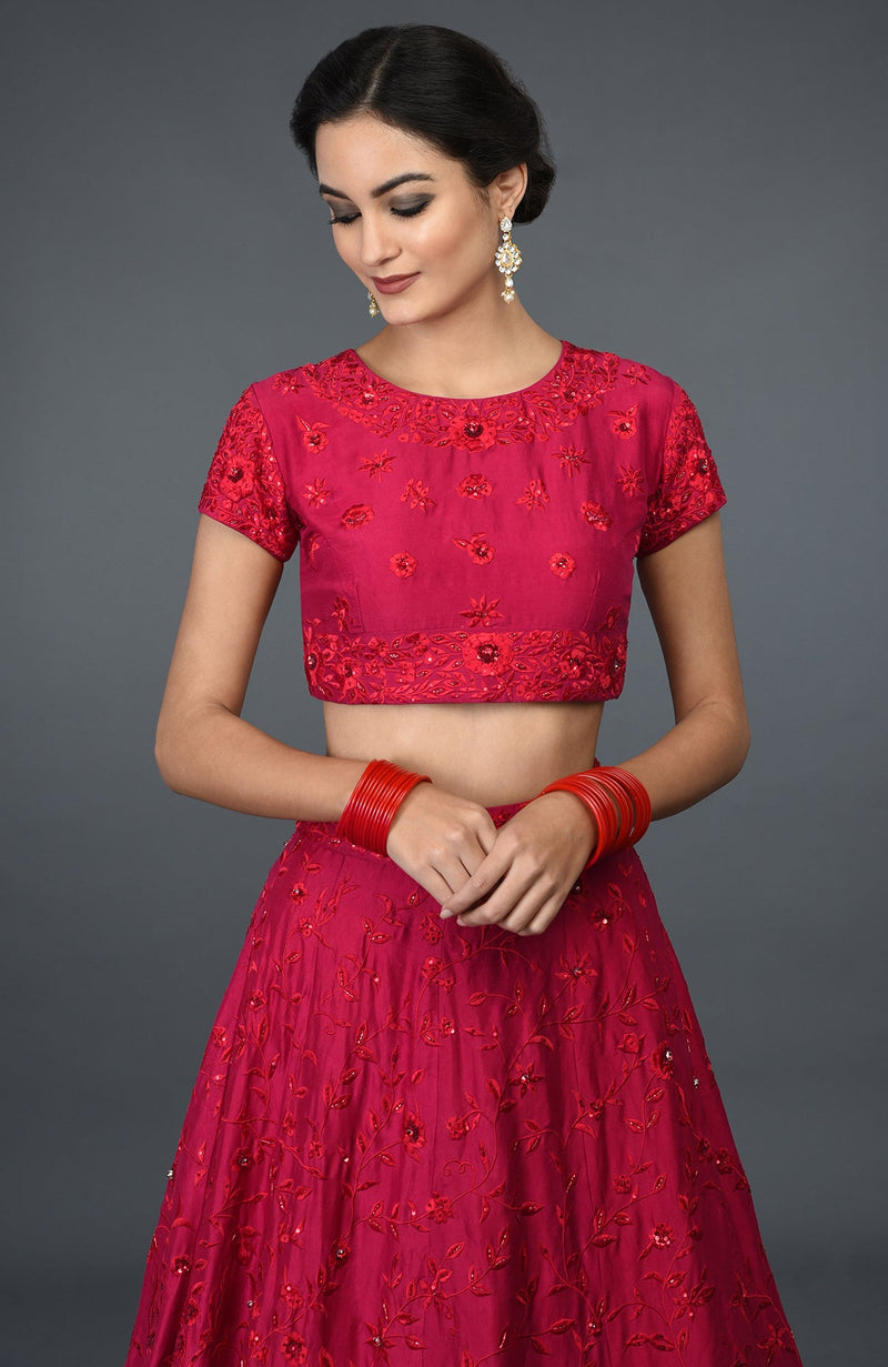 Red Floral Resham Sequin & Beads Embroidered Lehenga Outfit