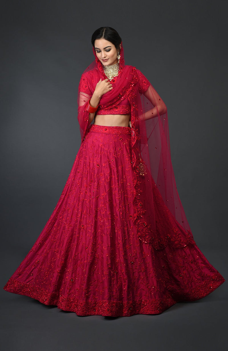 Red Floral Resham Sequin & Beads Embroidered Lehenga Outfit