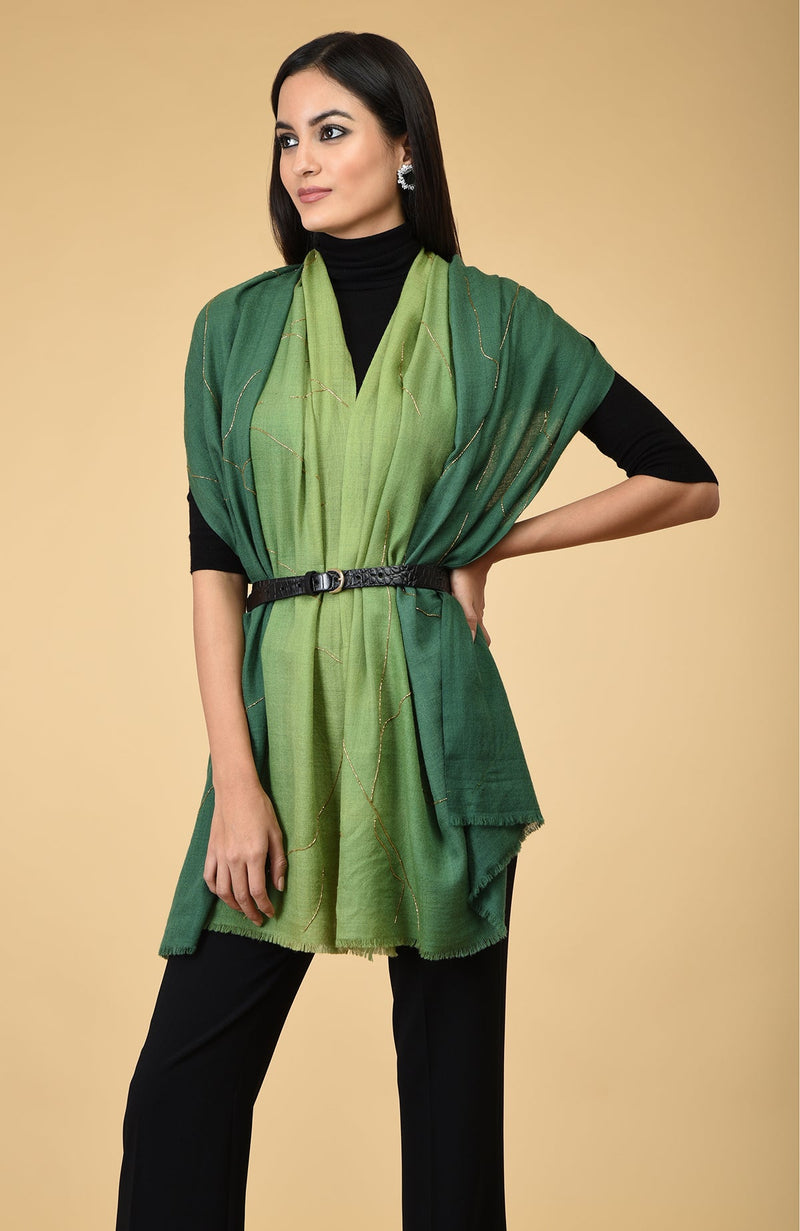 Green Ombre Gold Beads Hand Embroidered Pure Cashmere Stole