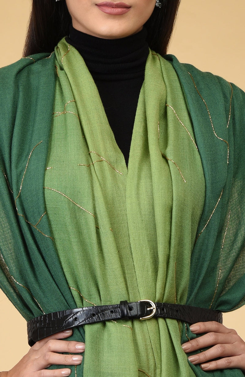 Green Ombre Gold Beads Hand Embroidered Pure Cashmere Stole