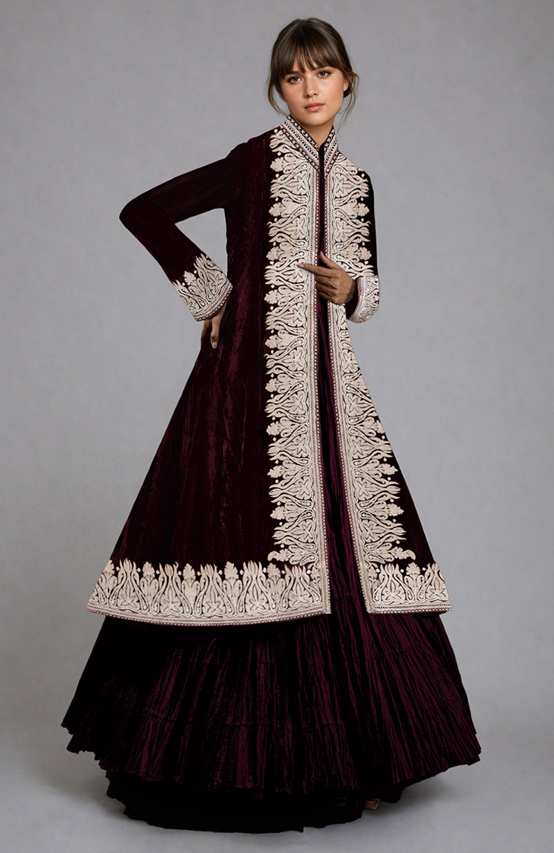 Noor Maroon Kashmiri Silver Tilla  Aari Embroidered Silk Velvet Jacket Set