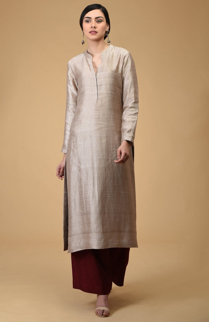 Beige-Maroon Pure Raw Silk Kurta Set