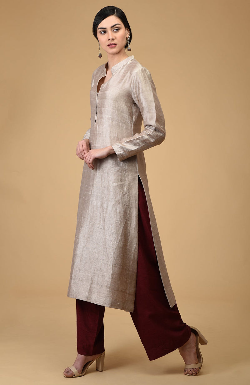 Beige-Maroon Pure Raw Silk Kurta Set