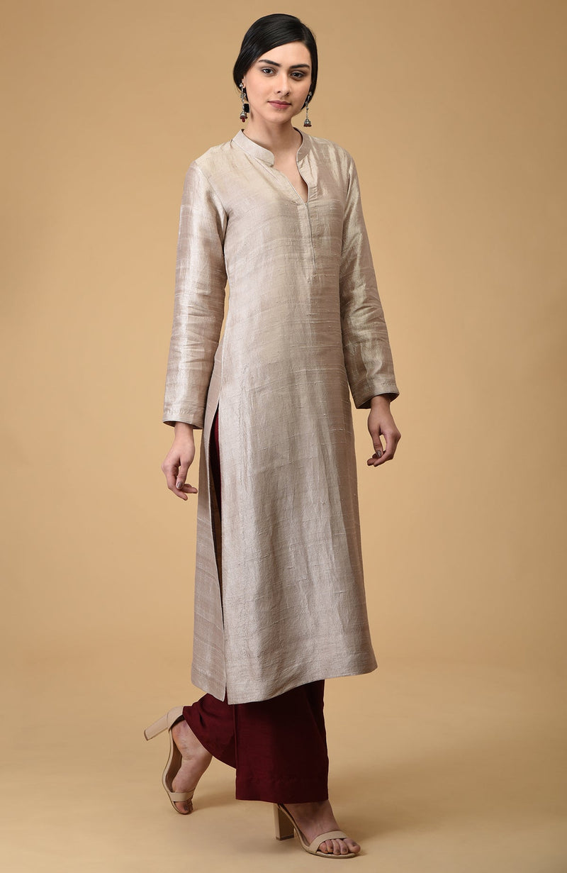 Beige-Maroon Pure Raw Silk Kurta Set