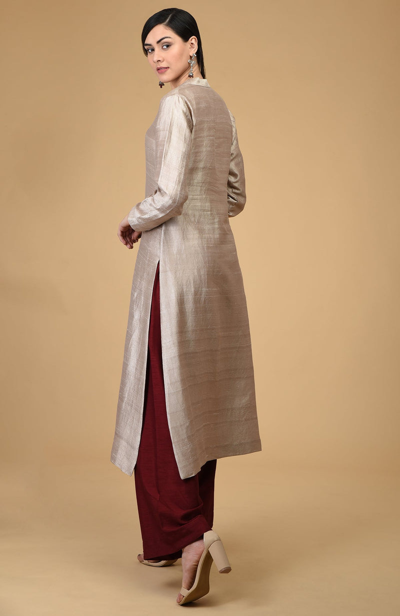 Beige-Maroon Pure Raw Silk Kurta Set