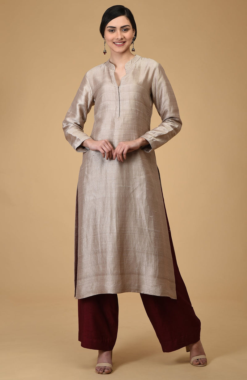 Beige-Maroon Pure Raw Silk Kurta Set