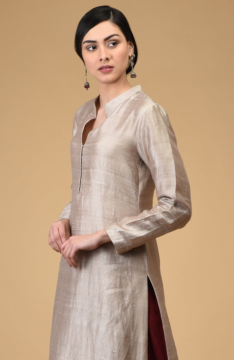 Beige-Maroon Pure Raw Silk Kurta Set