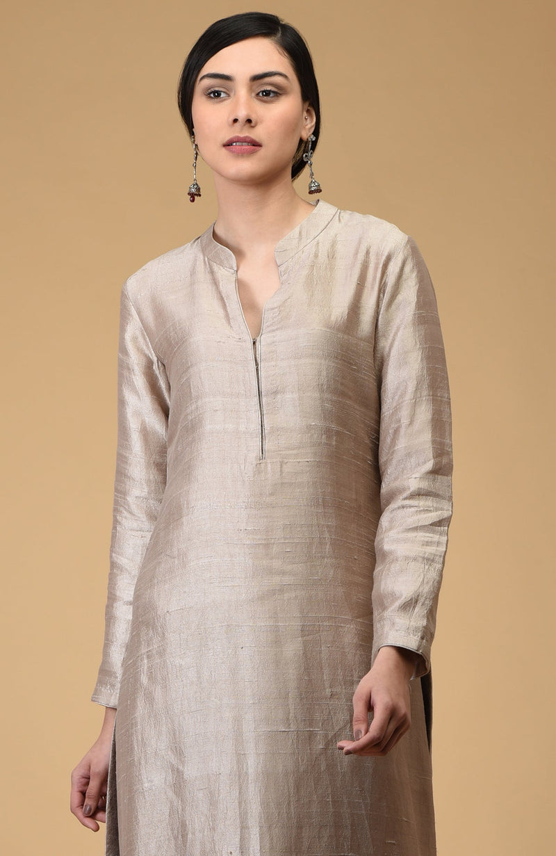 Beige-Maroon Pure Raw Silk Kurta Set