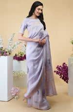 Lilac Floral Embroidered Linen Saree