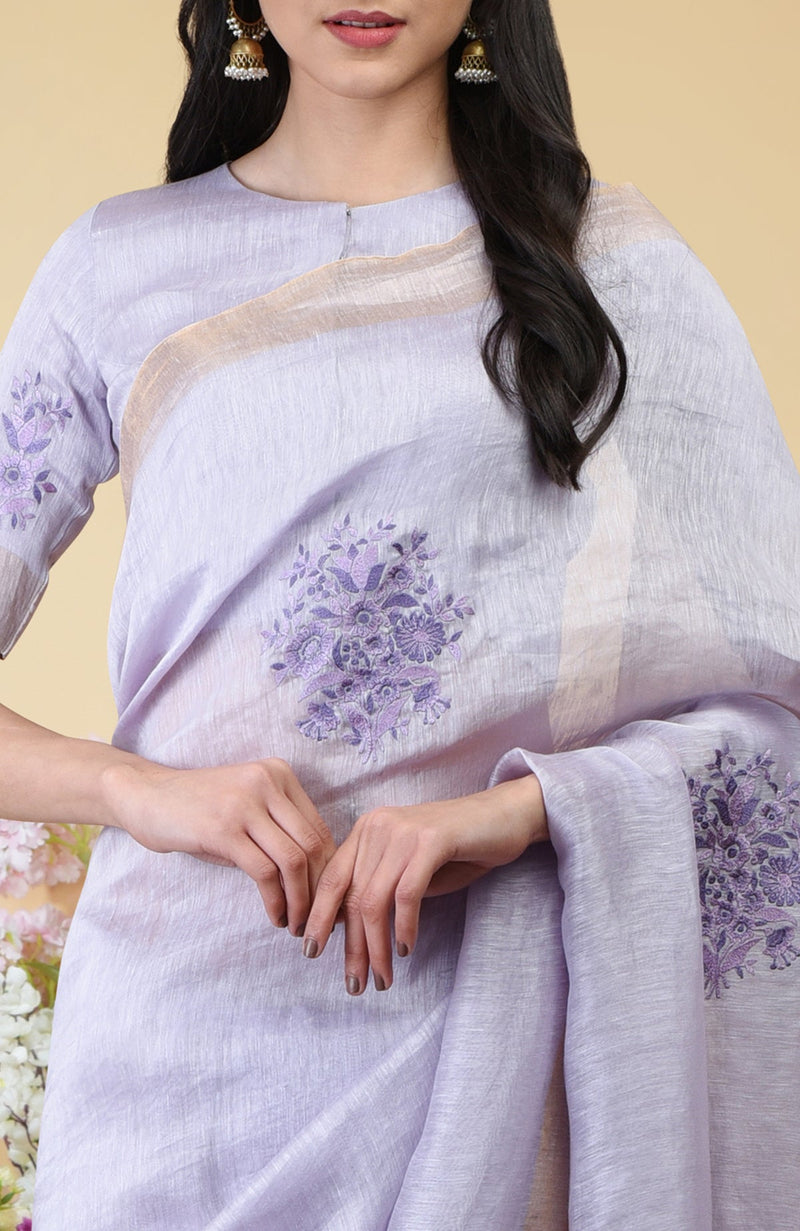 Lilac Floral Embroidered Linen Saree