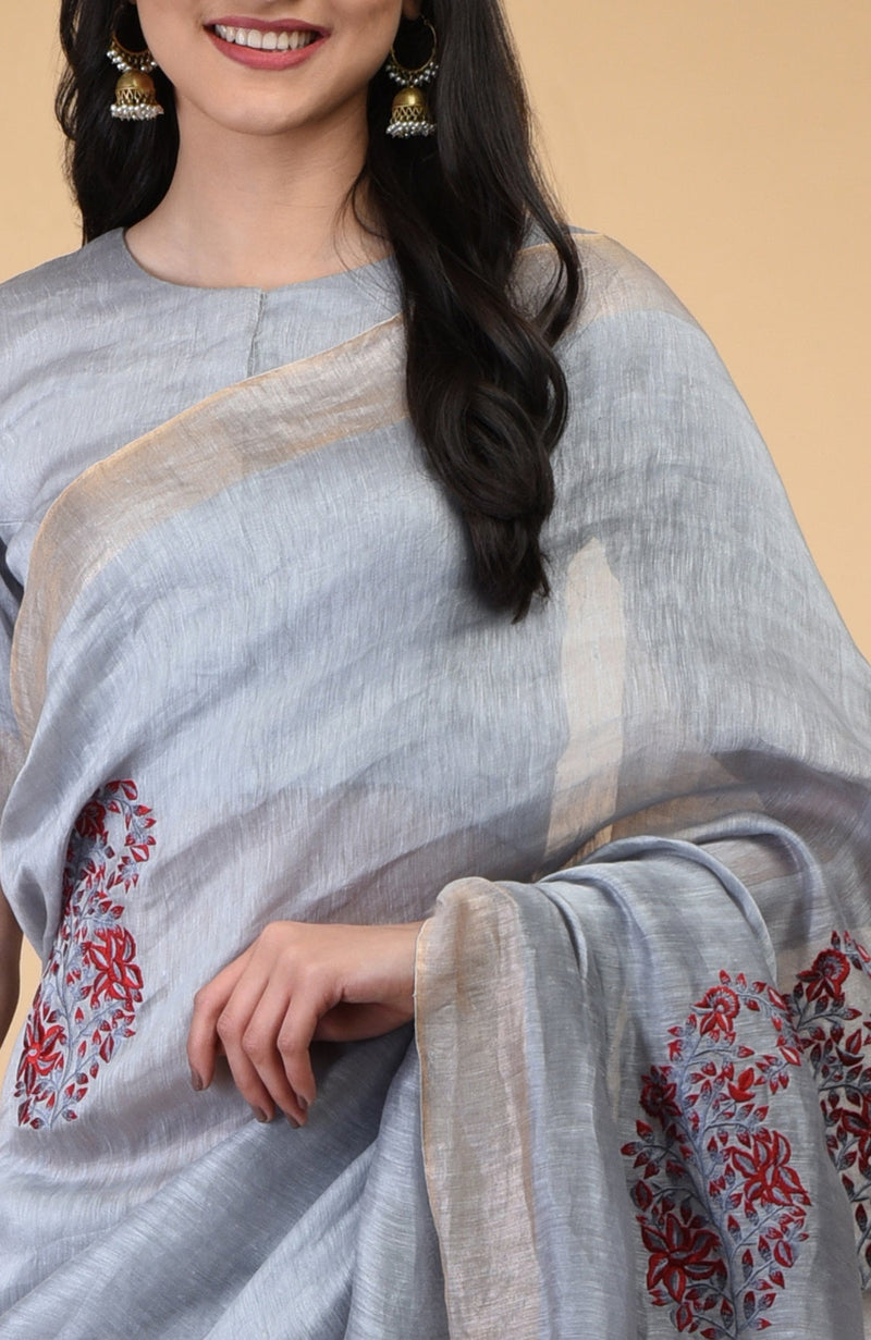 Dove Grey Paisley Embroidered Linen Saree