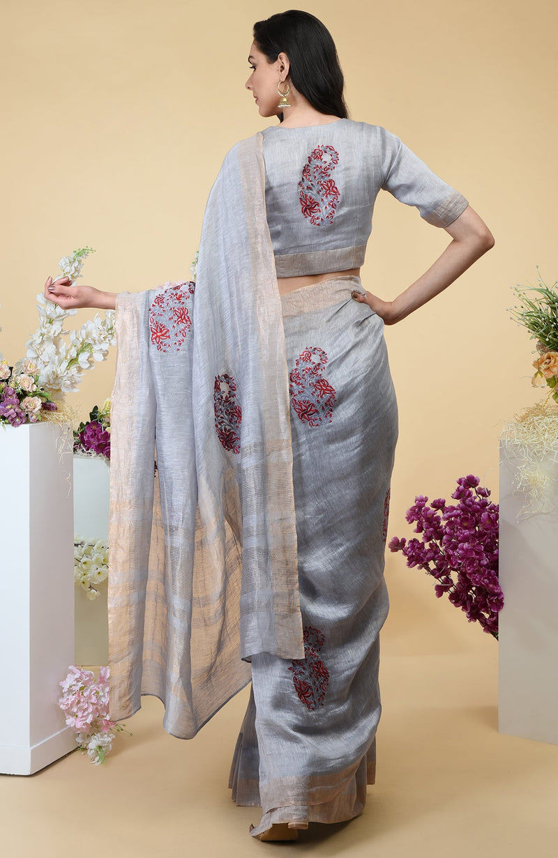 Dove Grey Paisley Embroidered Linen Saree