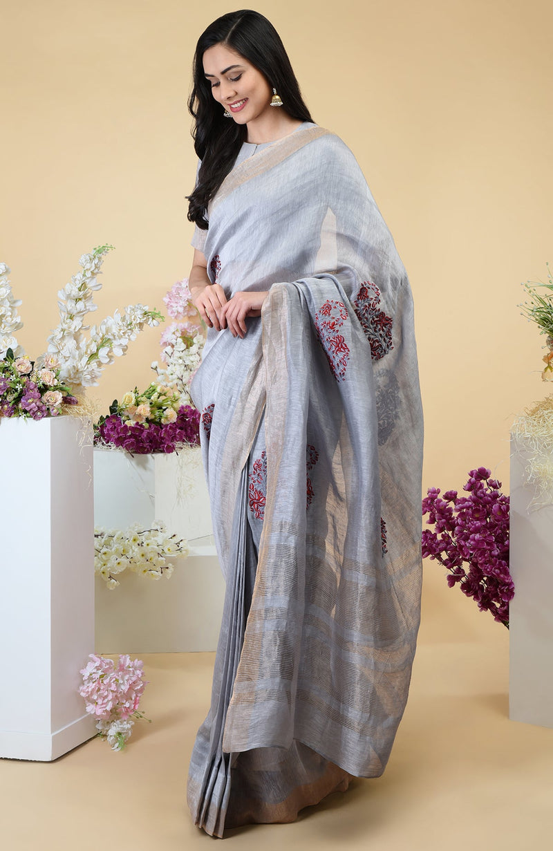 Dove Grey Paisley Embroidered Linen Saree