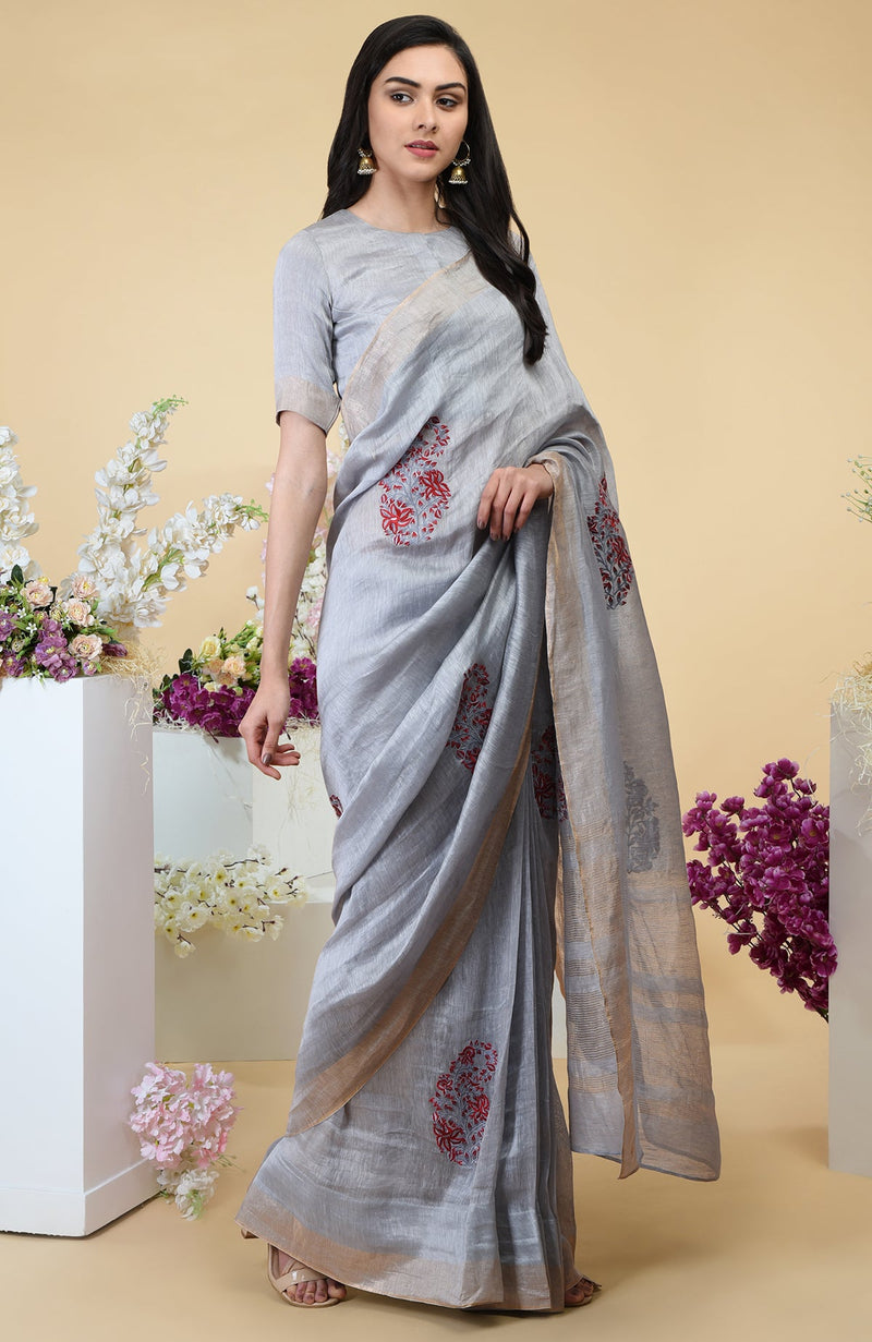 Dove Grey Paisley Embroidered Linen Saree