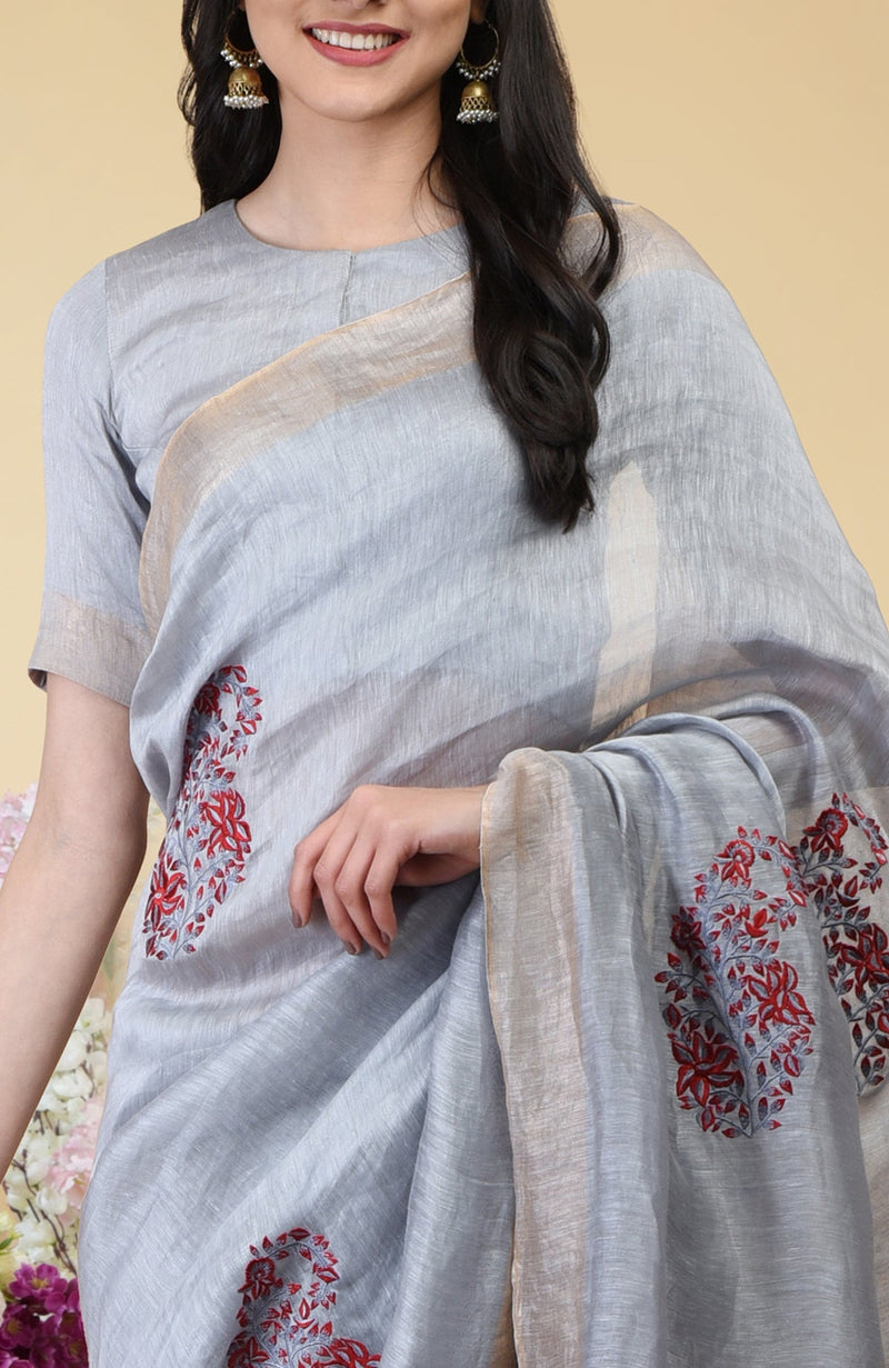 Dove Grey Paisley Embroidered Linen Saree