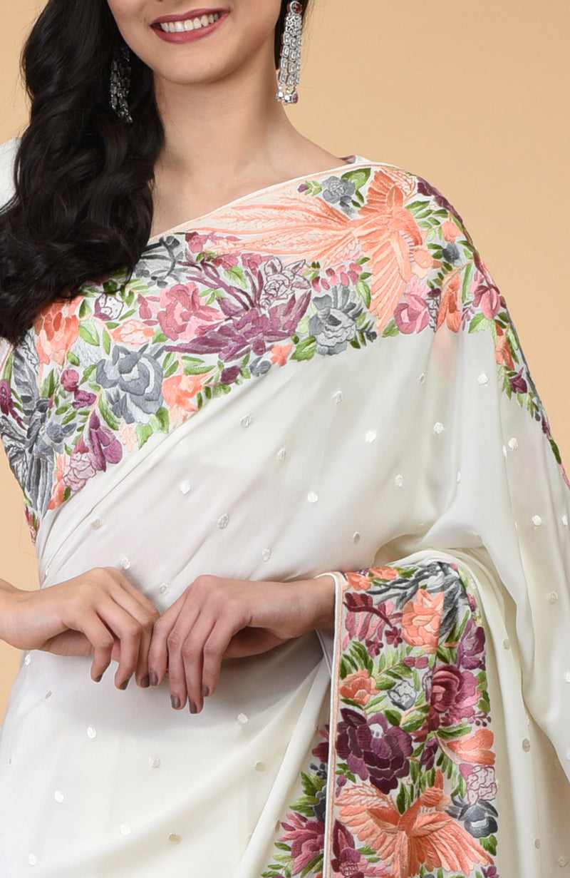 Ivory Parsi Gara Hand Embroidered Saree