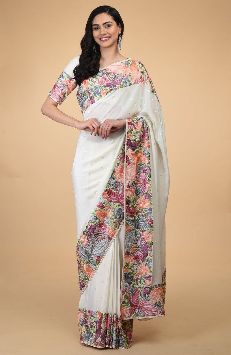 Ivory Parsi Gara Hand Embroidered Saree