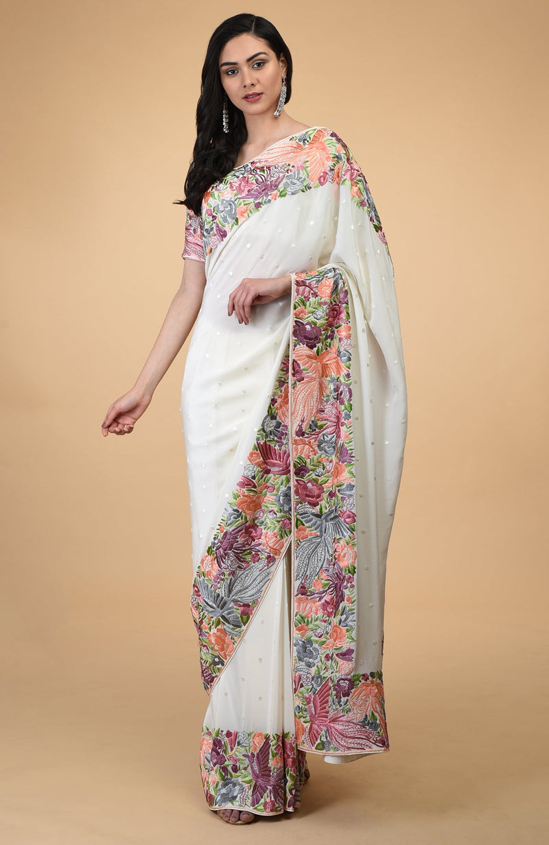 Ivory Parsi Gara Hand Embroidered Saree