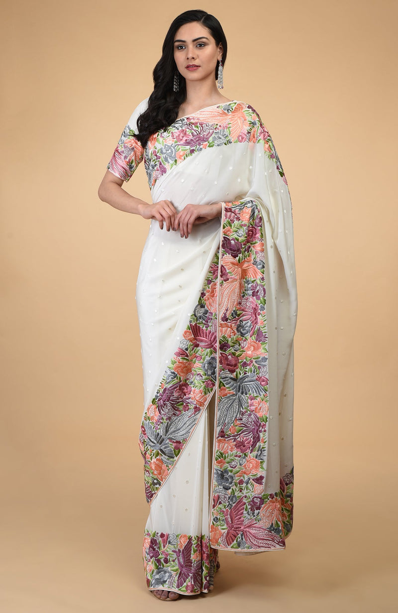 Ivory Parsi Gara Hand Embroidered Saree