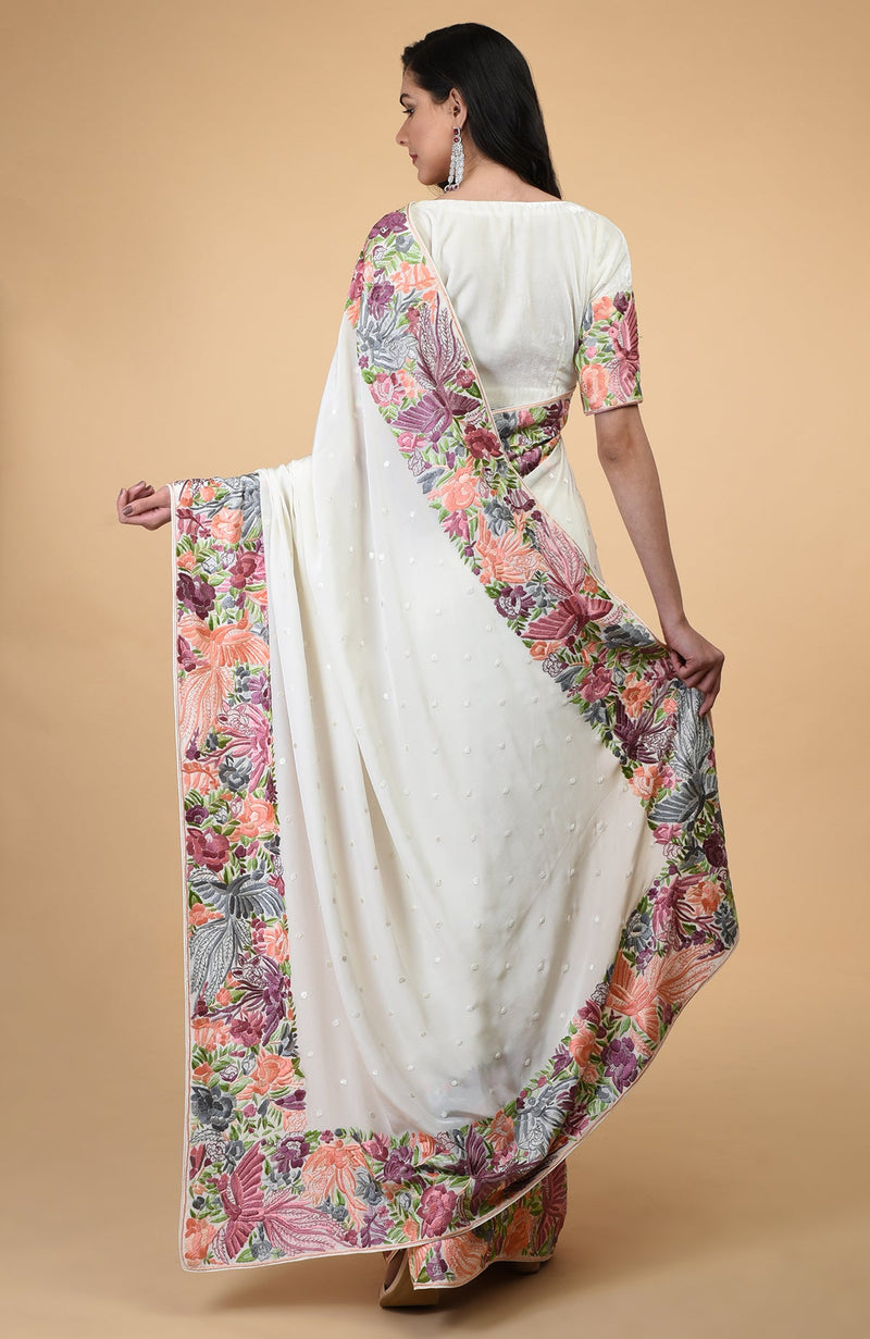Ivory Parsi Gara Hand Embroidered Saree
