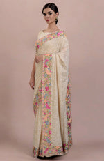 Masterpiece Champagne Lucknowi Chikankari & Parsi Gara Hand Embroidered Heirloom Saree