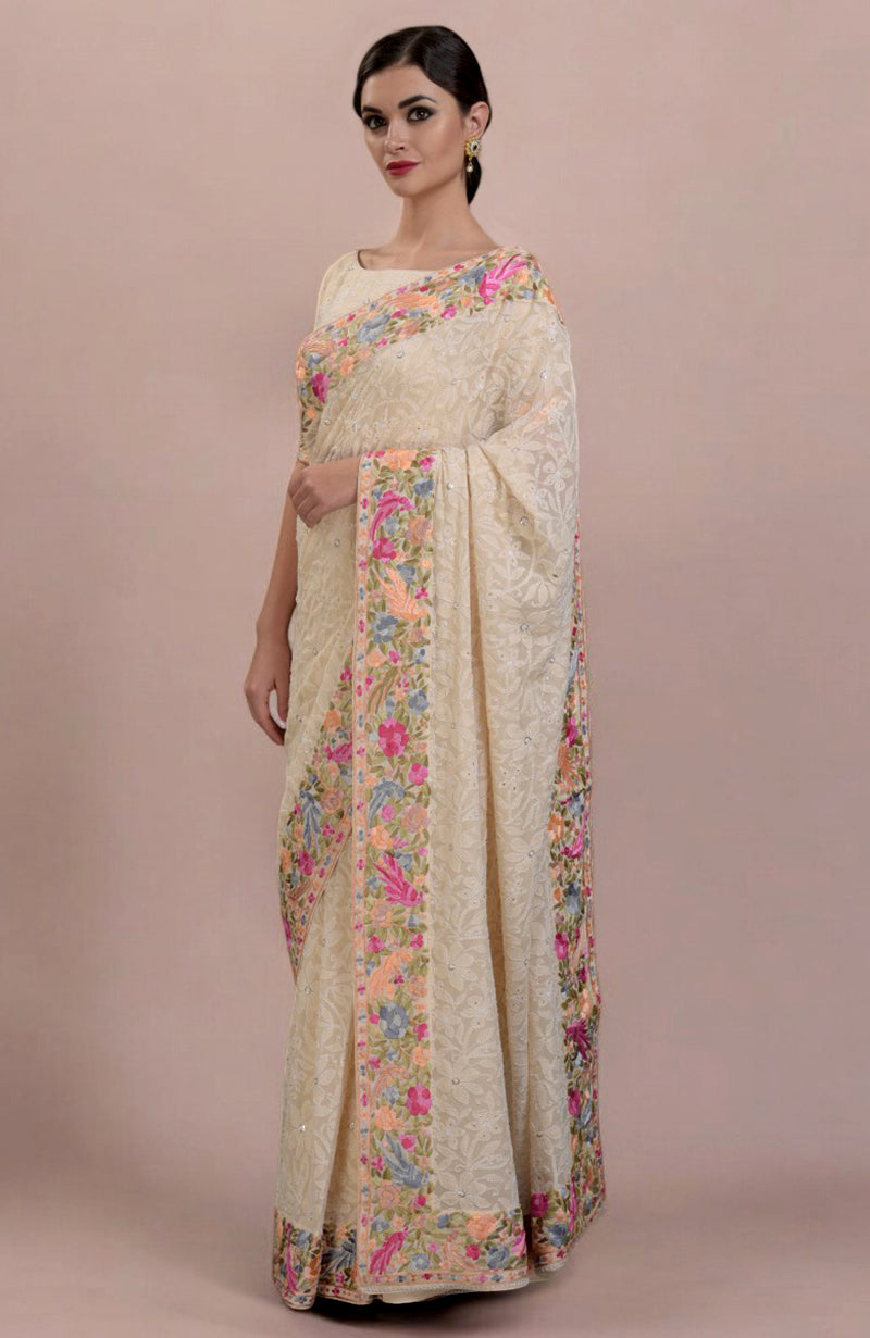 Masterpiece Champagne Lucknowi Chikankari & Parsi Gara Hand Embroidered Heirloom Saree