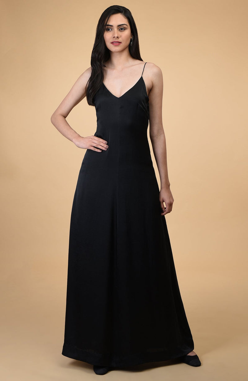 Classic Black Silk-Satin Long Slip Dress