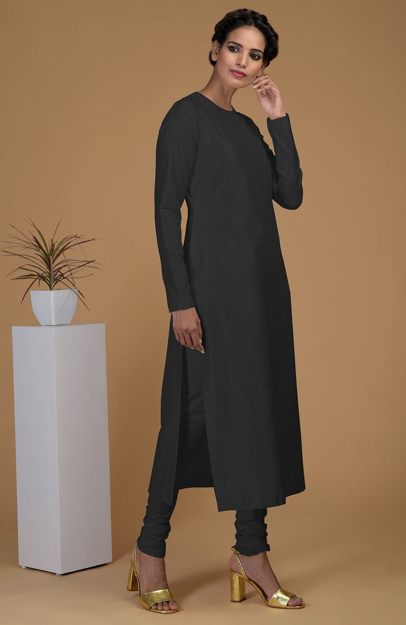 Black Pure Matka Silk Jewel Neck Kurta Set